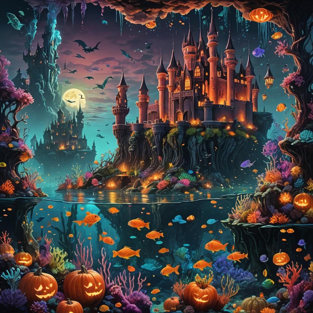 Underwater Mermaid Witches' Castle in Deep Sea Landscape