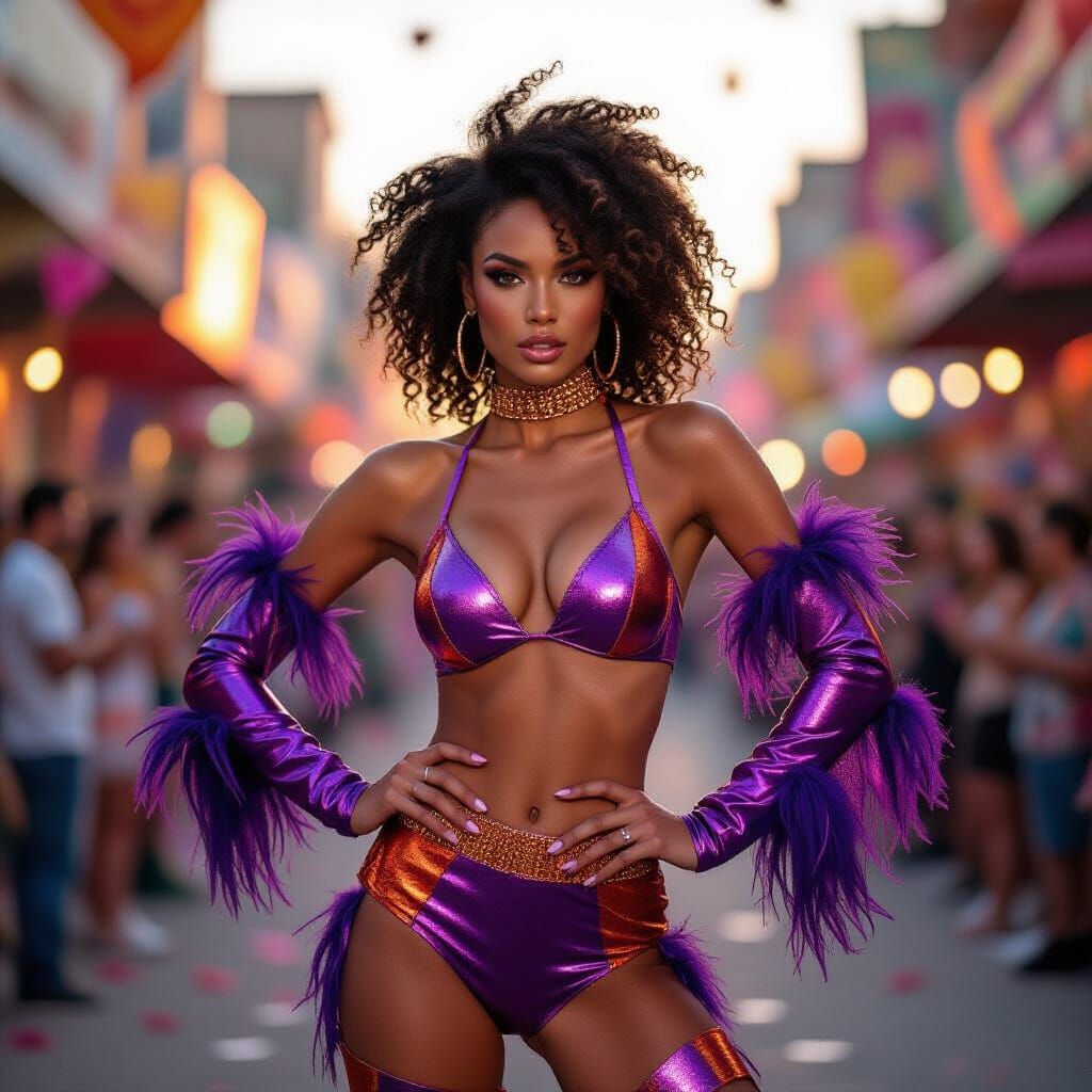 Fashion Model in Carnival Chaos, Dramatic Lighting