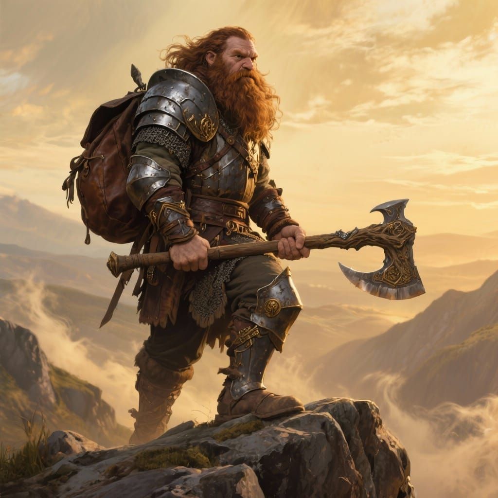 Dwarf Warrior with Axe on Ridge in Golden Hour
