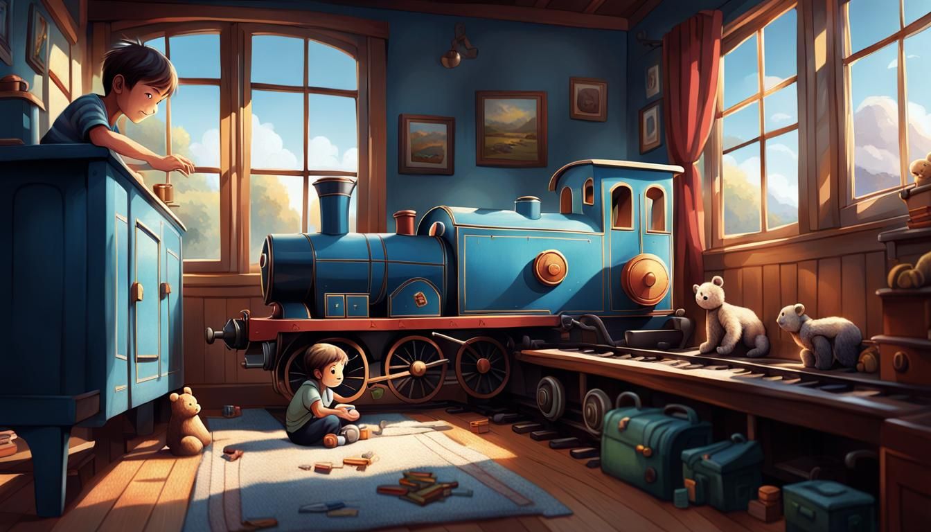 Boy Plays with Train in Cozy Room: Oil Painting