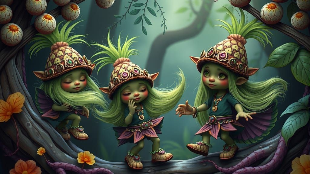 Dancing Gothic Pine Cone Trolls in Whimsical Style