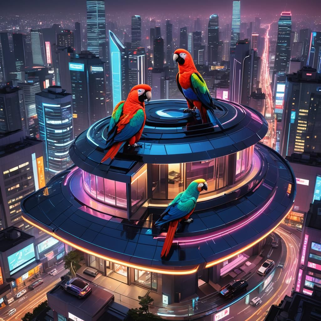 Neon Cityscape Concept Art with Parrots
