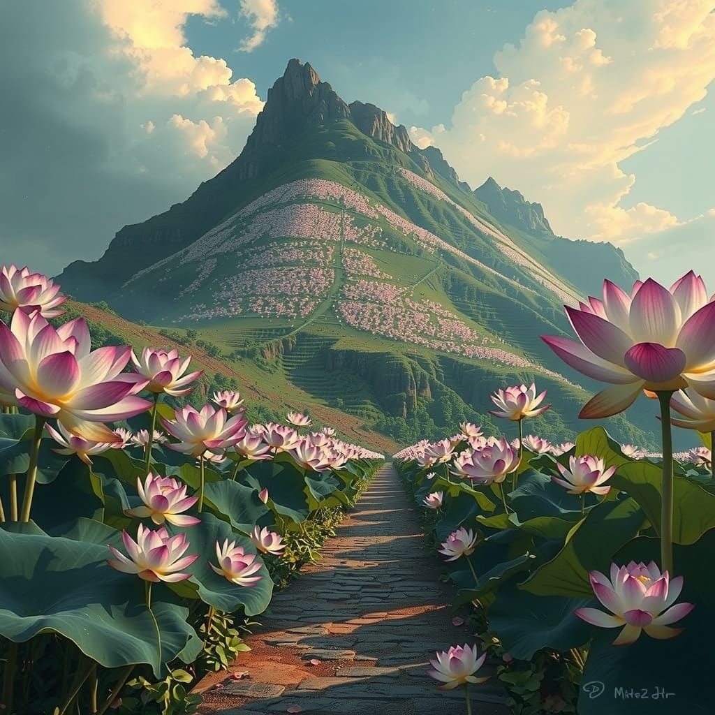 Surreal Lotus Blooms in Ethereal Landscape