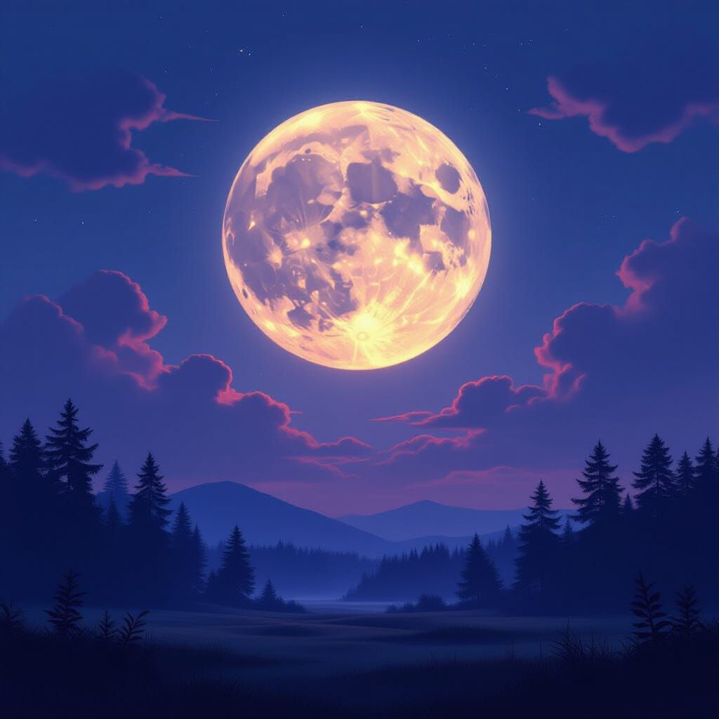 Ethereal Full Moon Ascending Over Serene Landscape