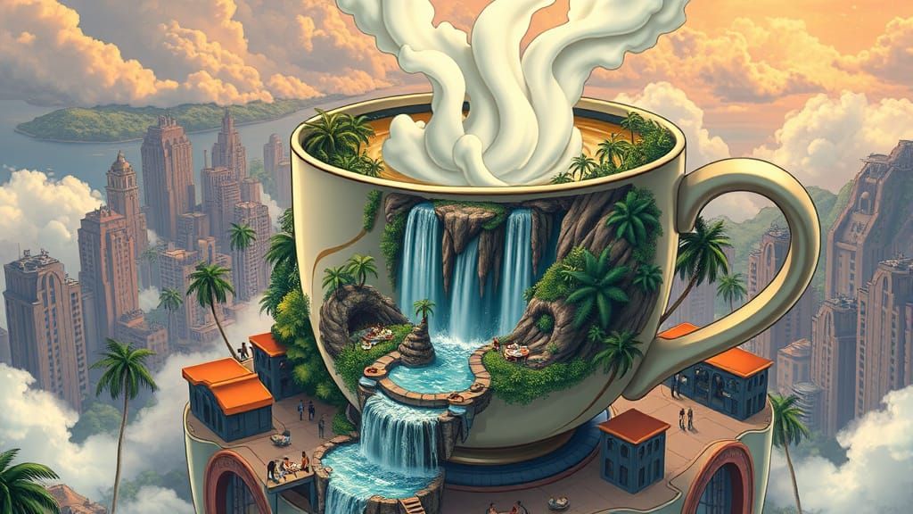 Tropical Paradise Inside Gigantic Coffee Cup