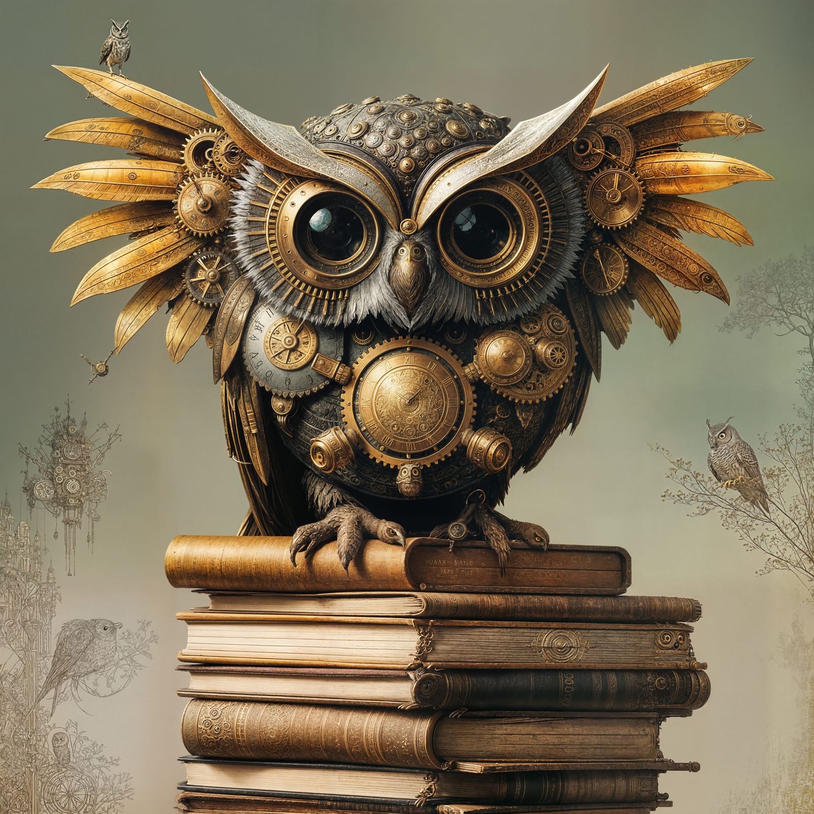 Clockwork Owl Perched on Vintage Books in Steampunk Style