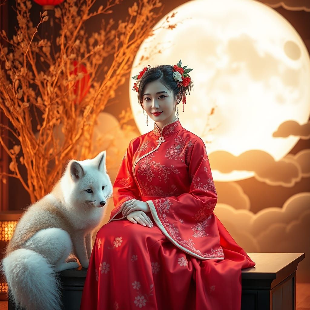 Elegant Chinese Woman with Fox in Traditional Setting