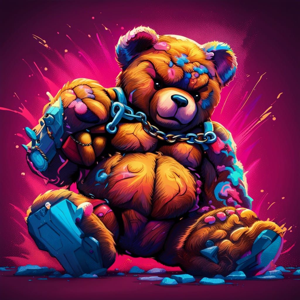 Muscular Teddy Bear with Chaingun in Pop Art