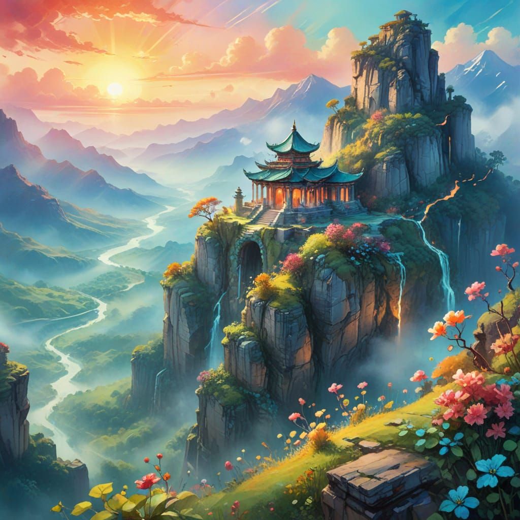 Whimsical Fantasy Landscape with Ancient Temple Ruins and Vi...