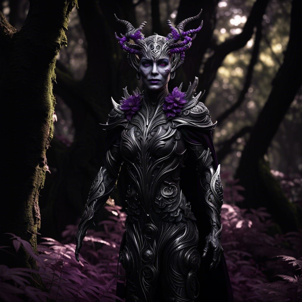 Scary Humanoid Creature with Amethyst Eyes in Dark Woods