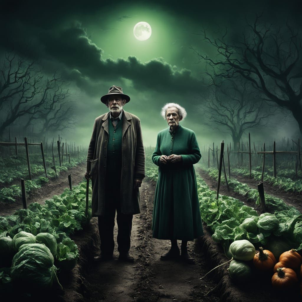 Eerie Gardeners in Moonlight: Dark Surrealism Painting