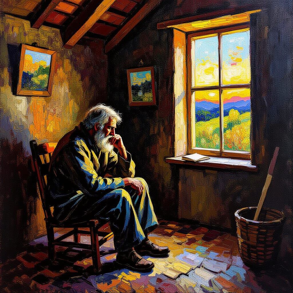 Solitary Hermit in Rustic Cabin, Neo-Impressionist Style