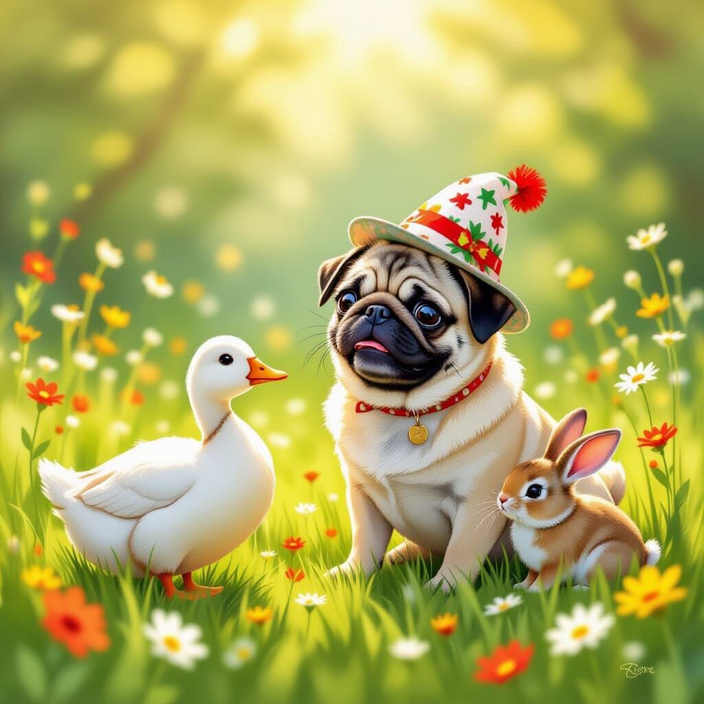 Playful Pug with Goose and Rabbit in Folk Art Style