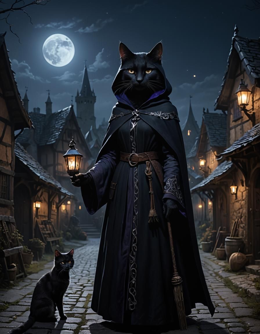 Cat Witch in Medieval Village, Dark Fantasy Illustration