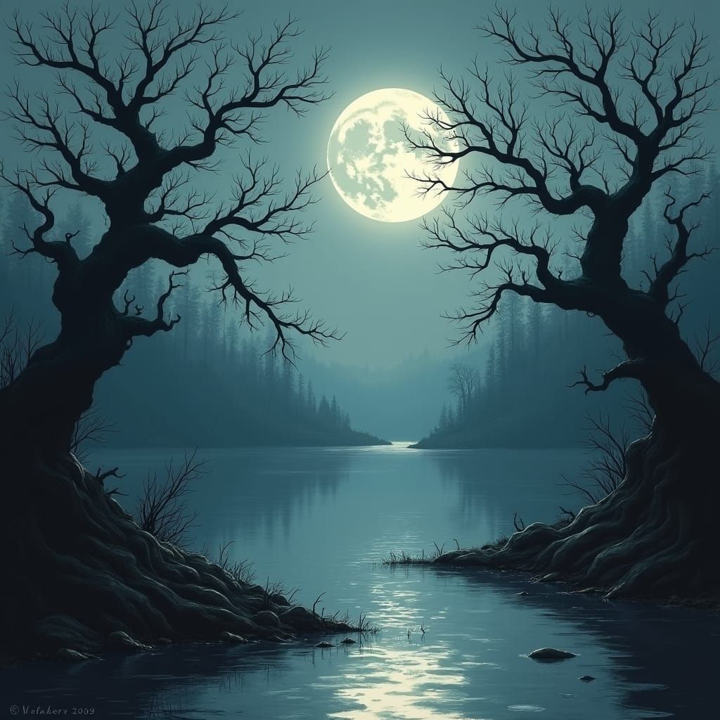 Eerie Moonlight Lake in Dark Fantasy Style