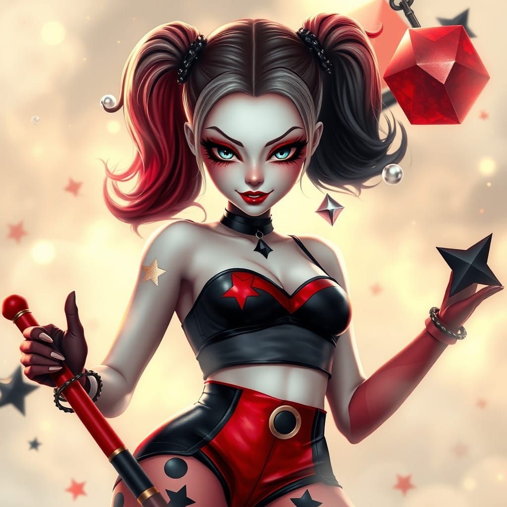 Ethereal Harley Quinn in Whimsical Black and White Fantasy S...