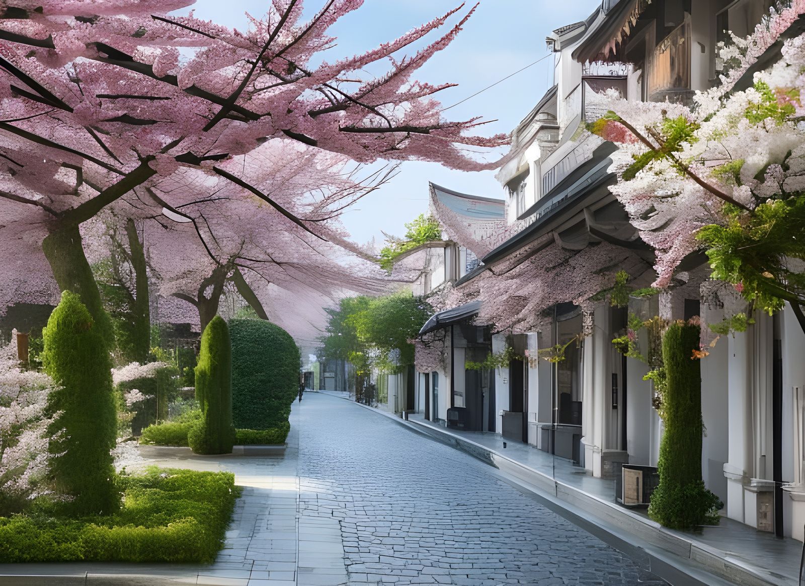 Blossom-Filled Cityscape with Vintage Tram, Detailed Art