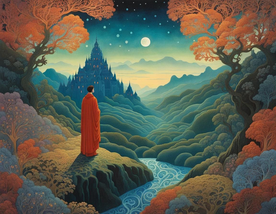 Mystical Being in Brocade Valley: Fantasy Illustration