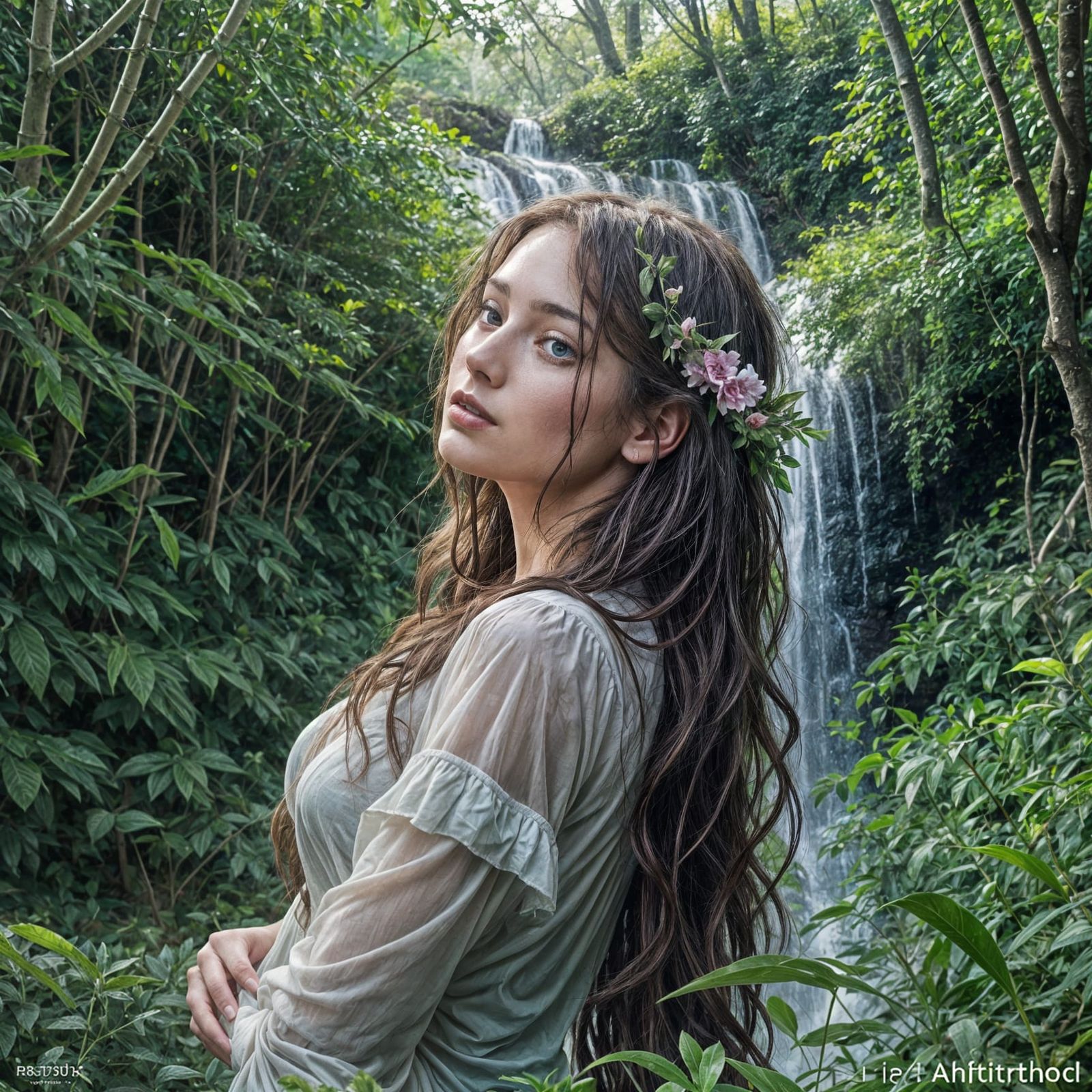 Ethereal Nymph Emerges from Waterfall: Pre-Raphaelite Style