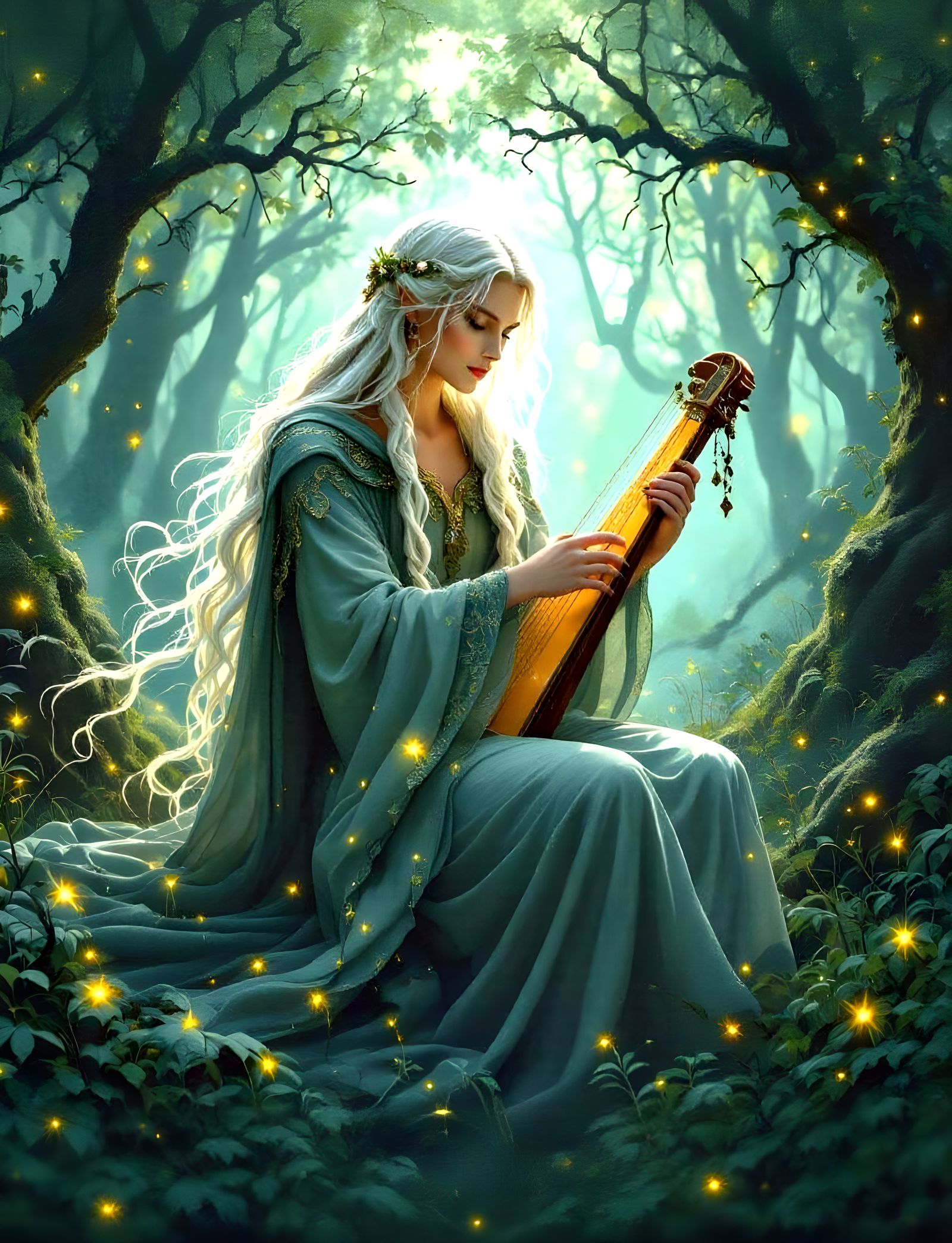 Celtic Bard in Forest Clearing: Pre-Raphaelite Painting