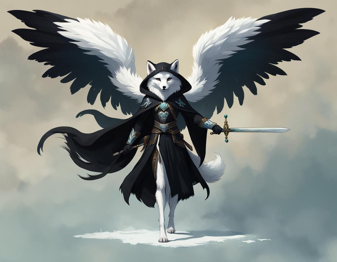 Elegant Arctic Fox Human Hybrid with Wings