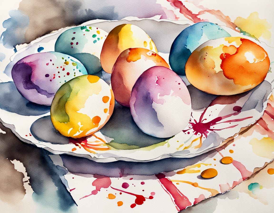 Vibrant Watercolor Easter Eggs in Whimsical Springtime Setti...