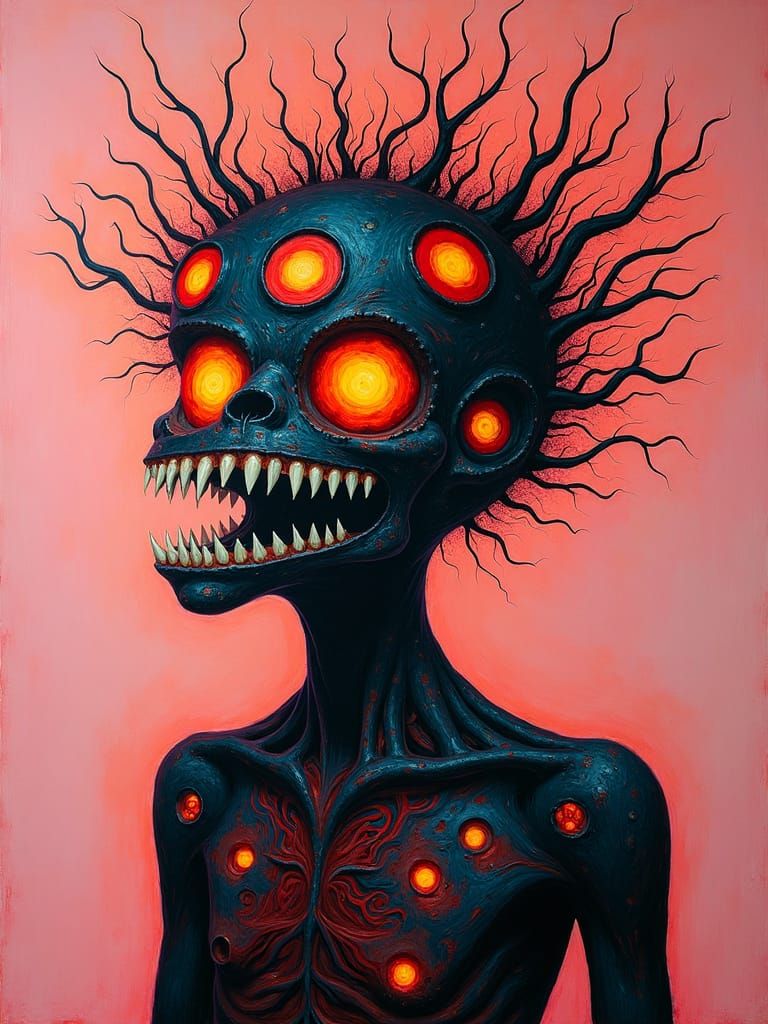 Dark Surrealist Figure with Glowing Eyes and Psychedelic Hal...