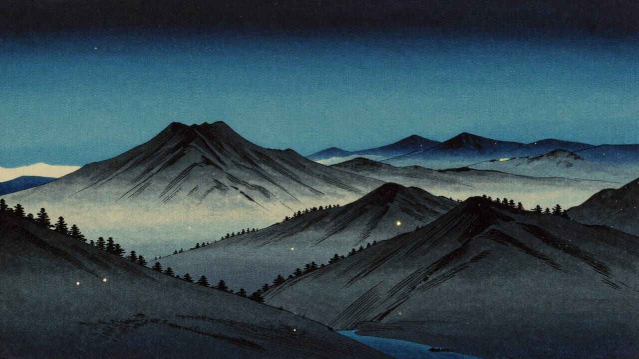 Japanese Woodblock Mountain Landscape at Night