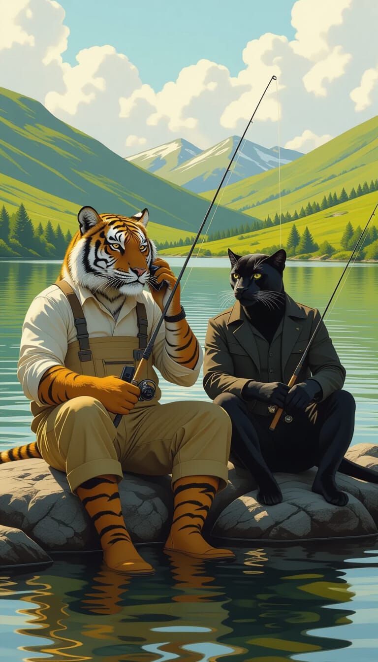 Anthropomorphic Tiger and Panther Fishing by a Lake
