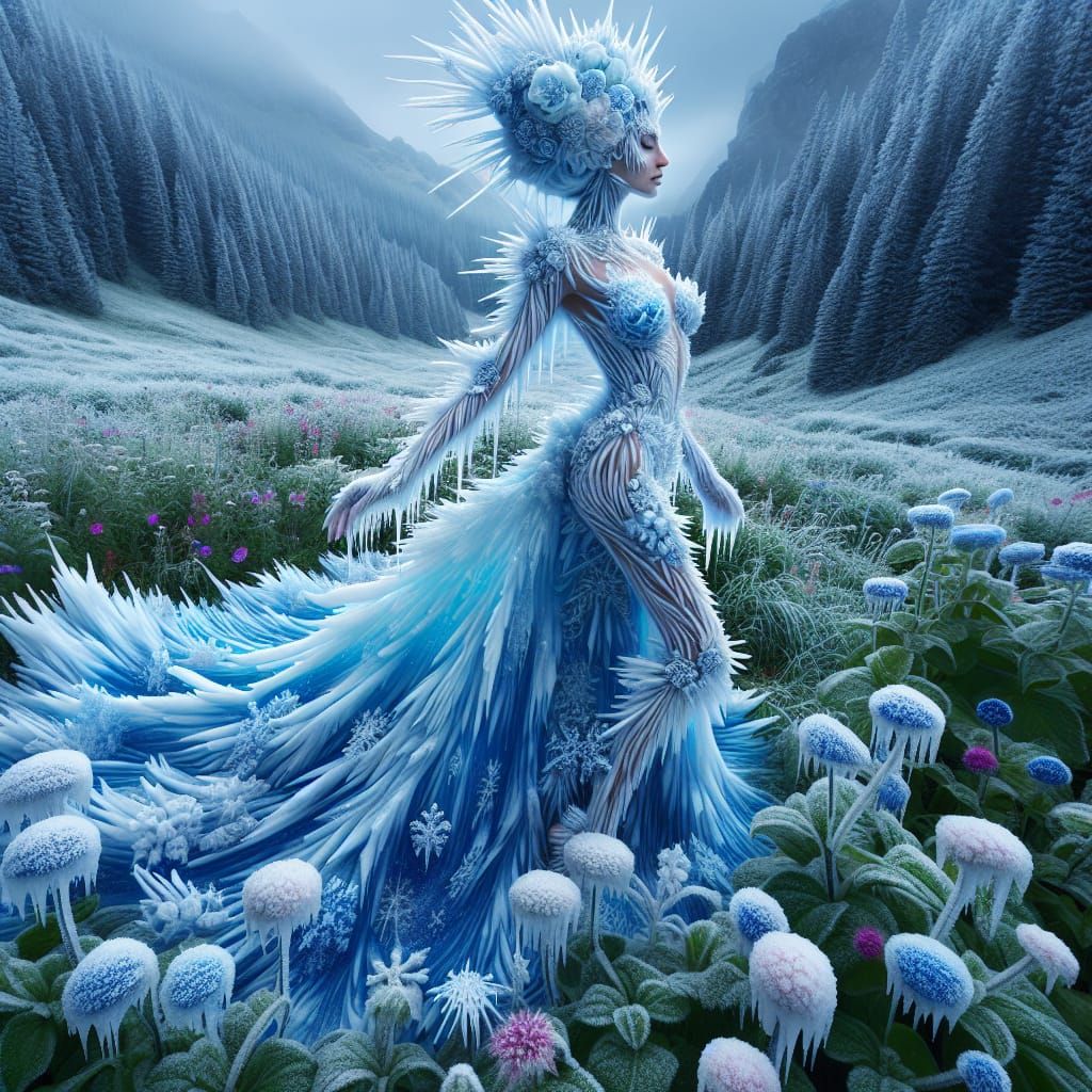 Sleek Winter Goddess Embodying Ice and Snow Elegance