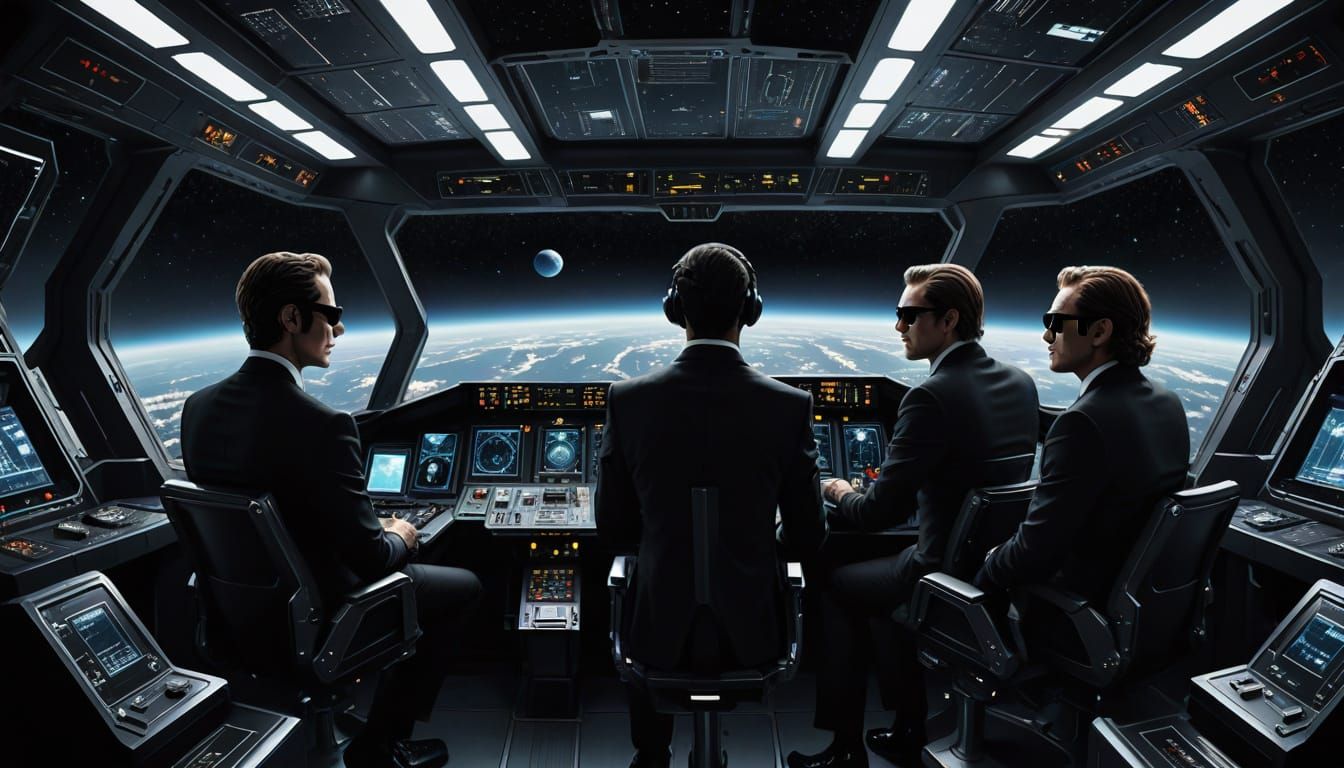 Men in Black Agents Gaze at Earth in Space Noir