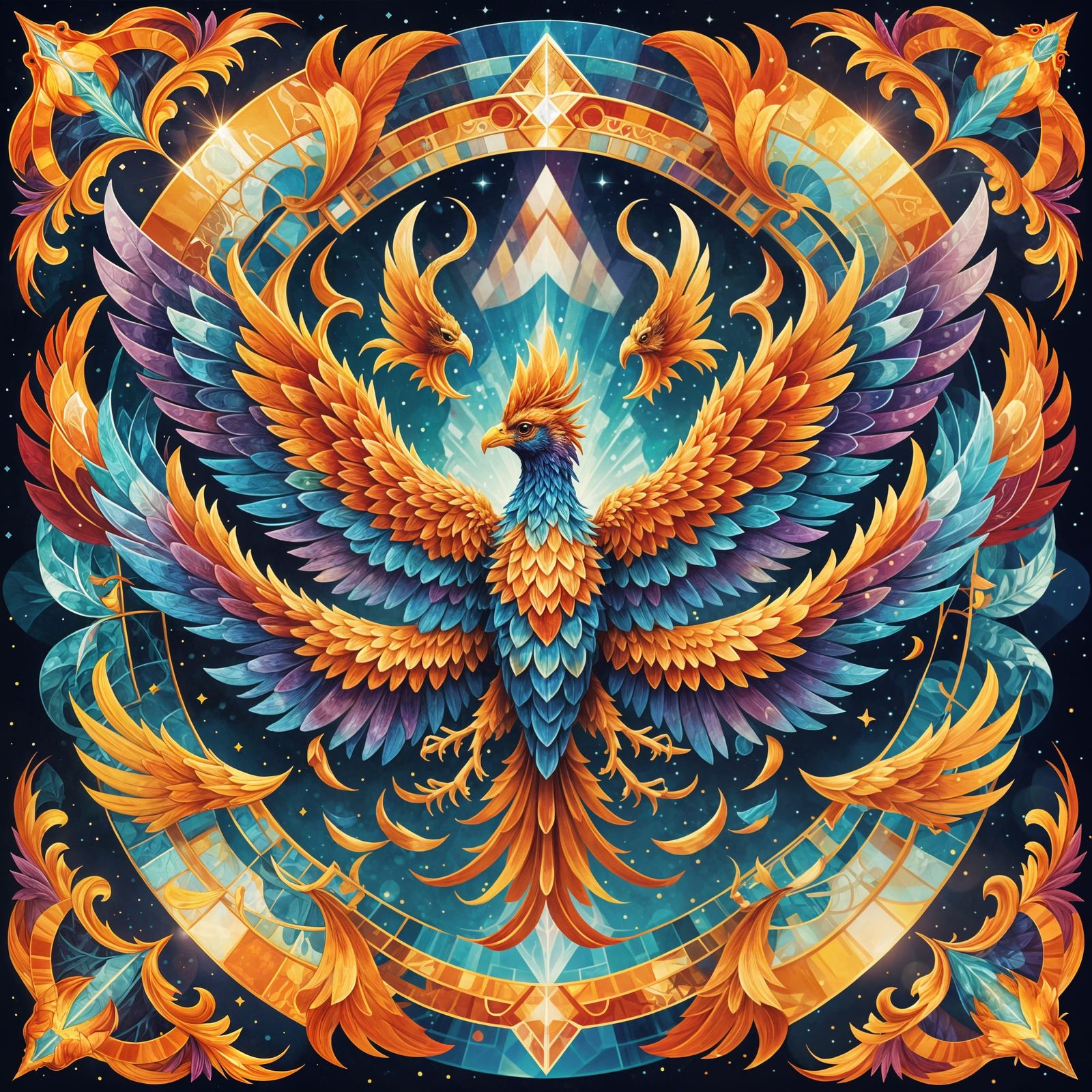 Crystal Phoenixes Soaring in Mirrored Sky