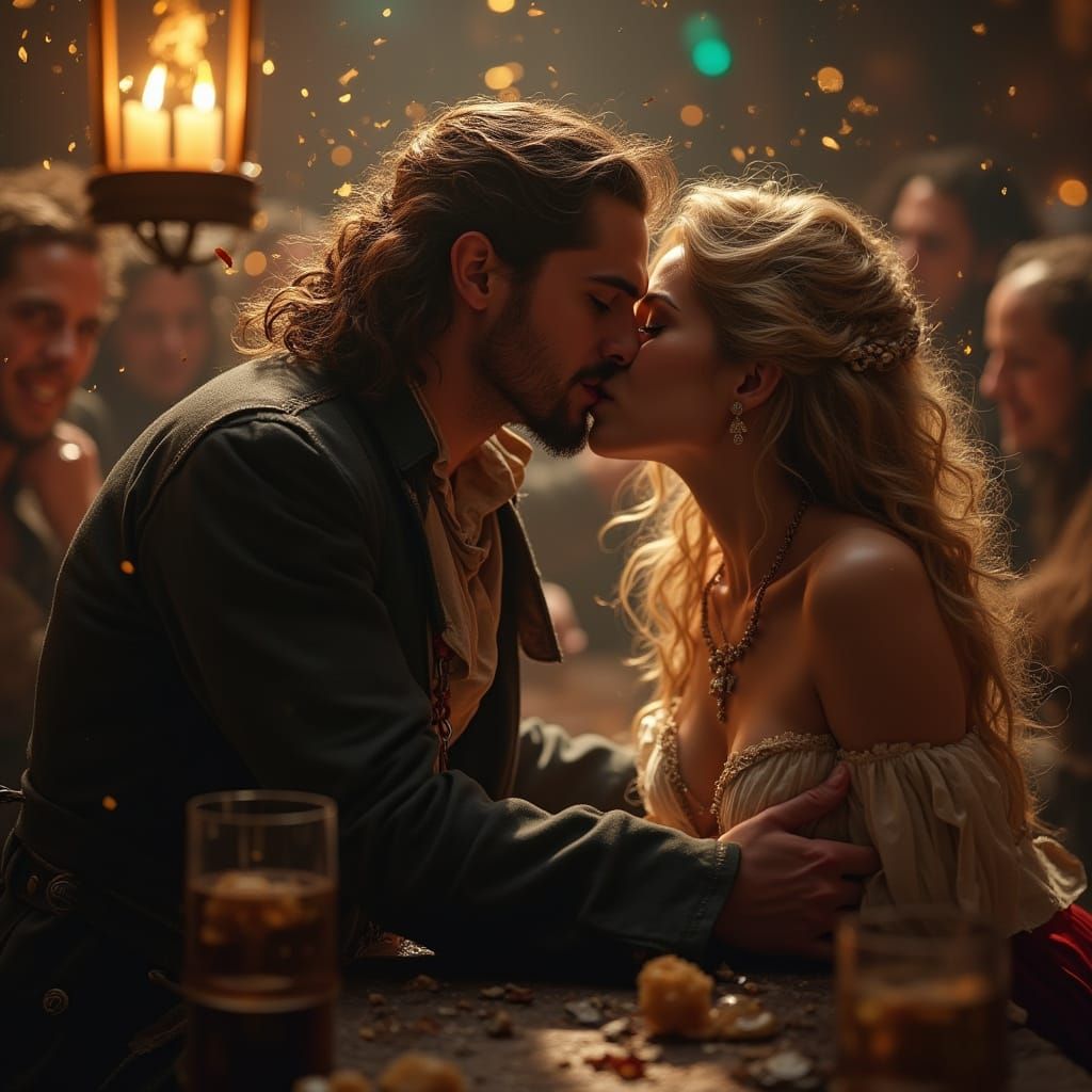 Pirate Captain's Passionate Kiss in a Tavern Brawl