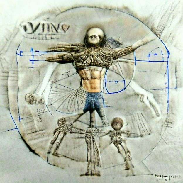 Vitruvian Skeleton in Sphere, Charcoal Drawing