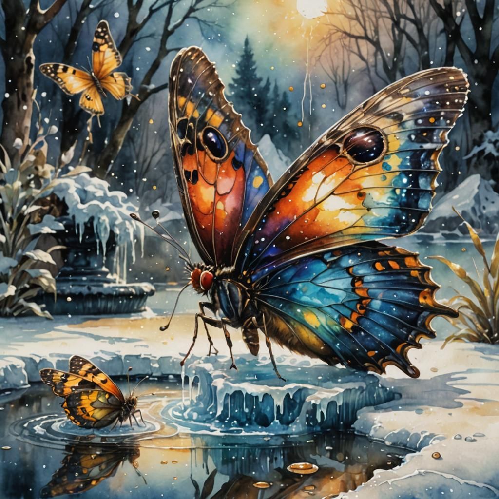 Enchanting Watercolor Scene of Cyclops and Iridescent Butter...