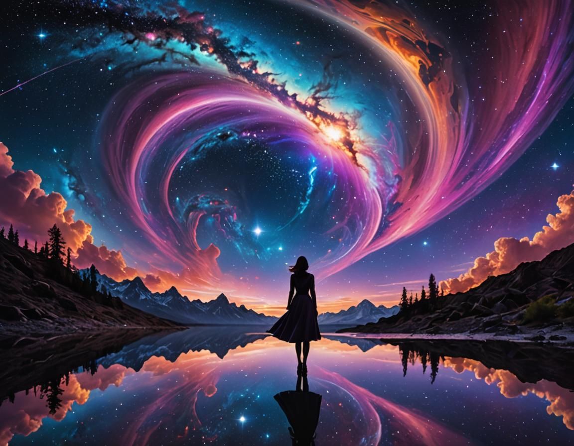 Woman Before Cosmic Vortex in Cinematic Style