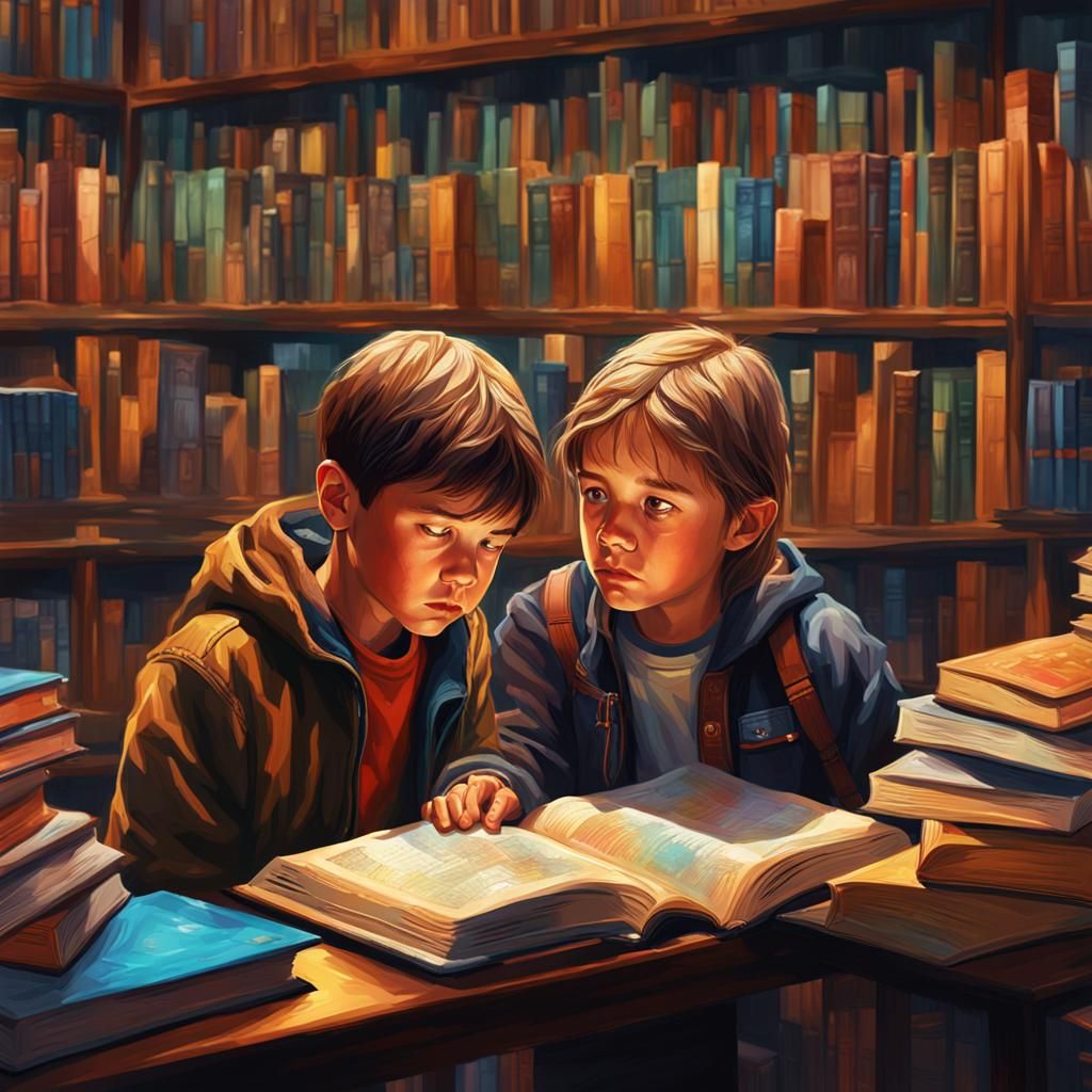 Sorrowful Children in Library: Hyperrealistic Splash Art