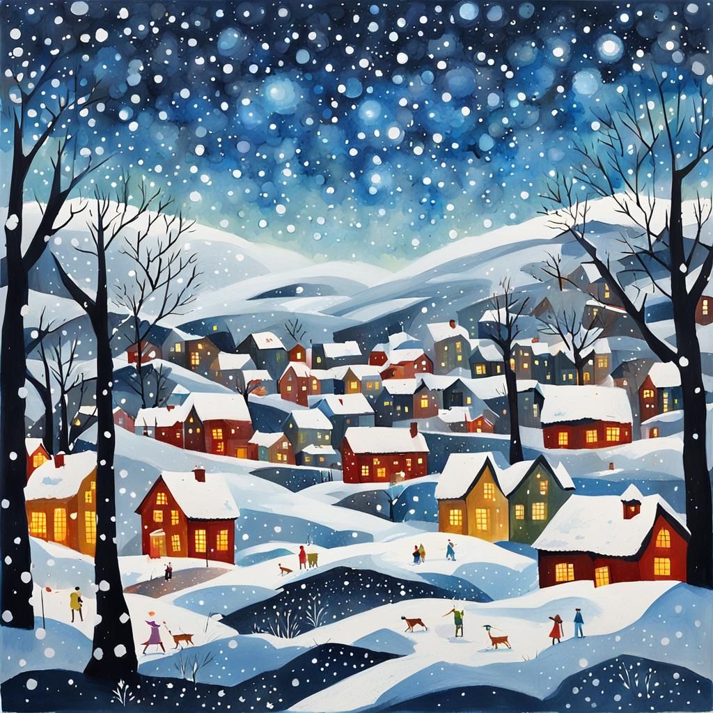 Glittering Winter Landscape Gouache Painting