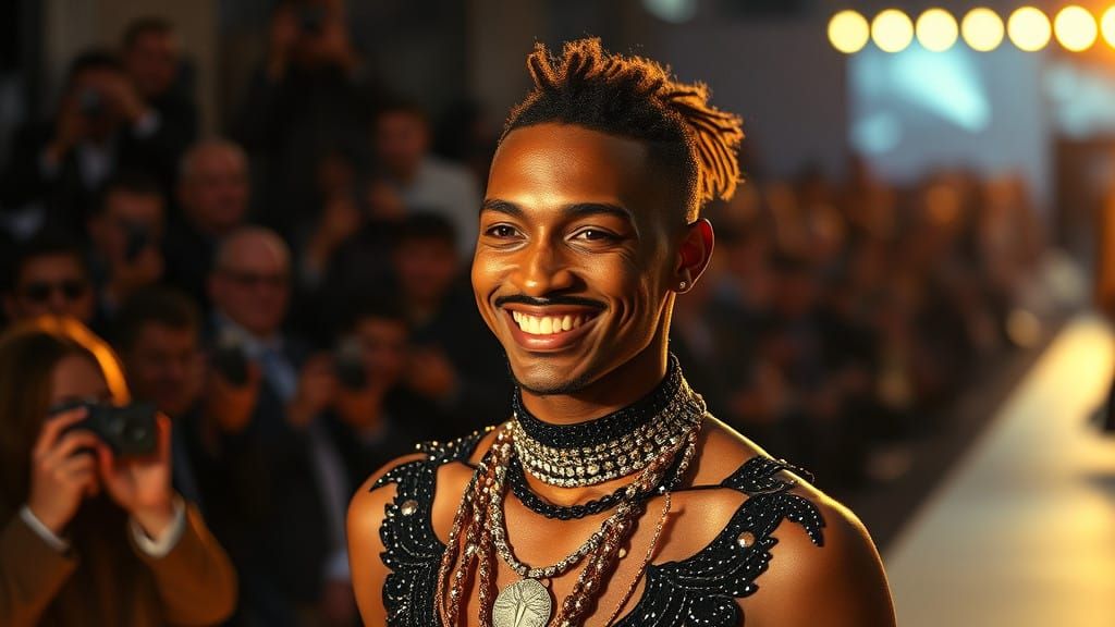 Glamorous Runway Model Radiates Joy Amidst Celestial Backdro...