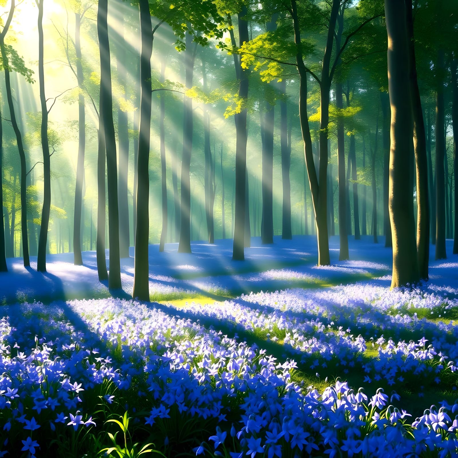 Ethereal Bluebell Forest in Morning Light