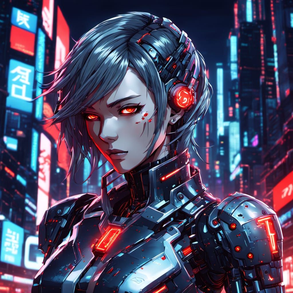 Cyberpunk Android with Glowing Circuits in Anime Style