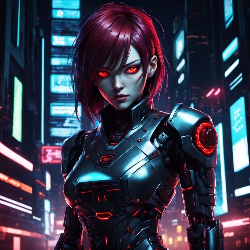 Cyberpunk Android with Red Eyes in Neon Cityscape