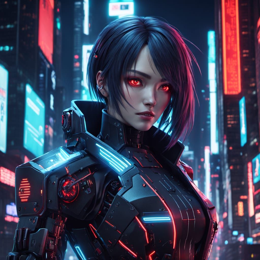 Cyberpunk Android with Red Eyes in Neon Cityscape