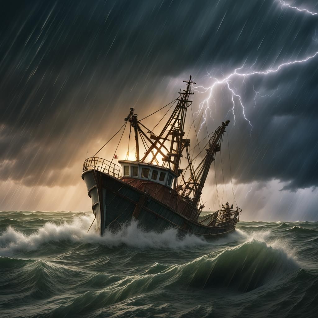 Shrimp Boat in Gulf Storm: Detailed Digital Painting