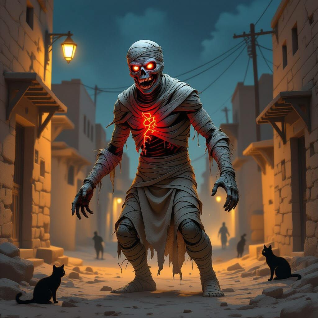 Mummy Lurks in Modern City Streets Guarded by Cats