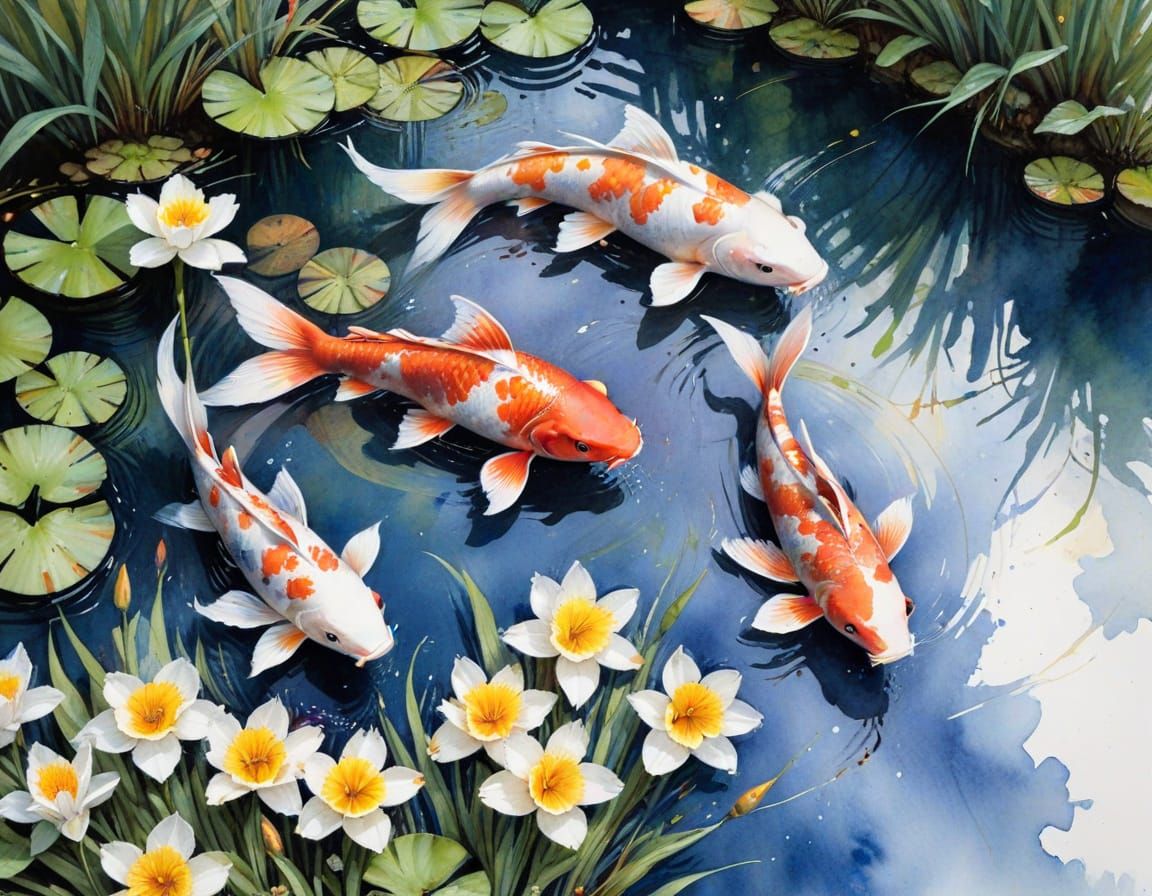 Koi Pond in Spring Rain: Watercolor Art