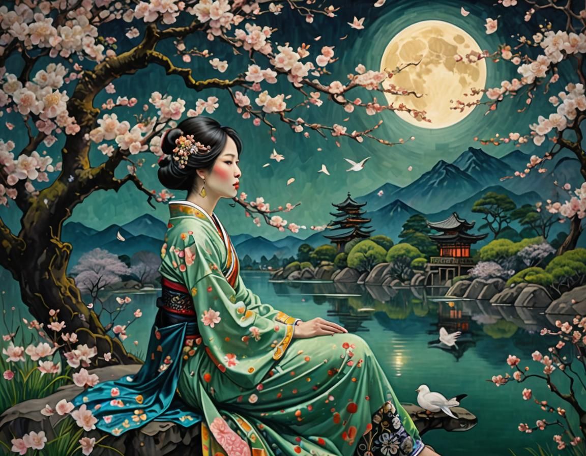 Dreamy Japanese Garden with Cherry Blossoms, Klimt Style