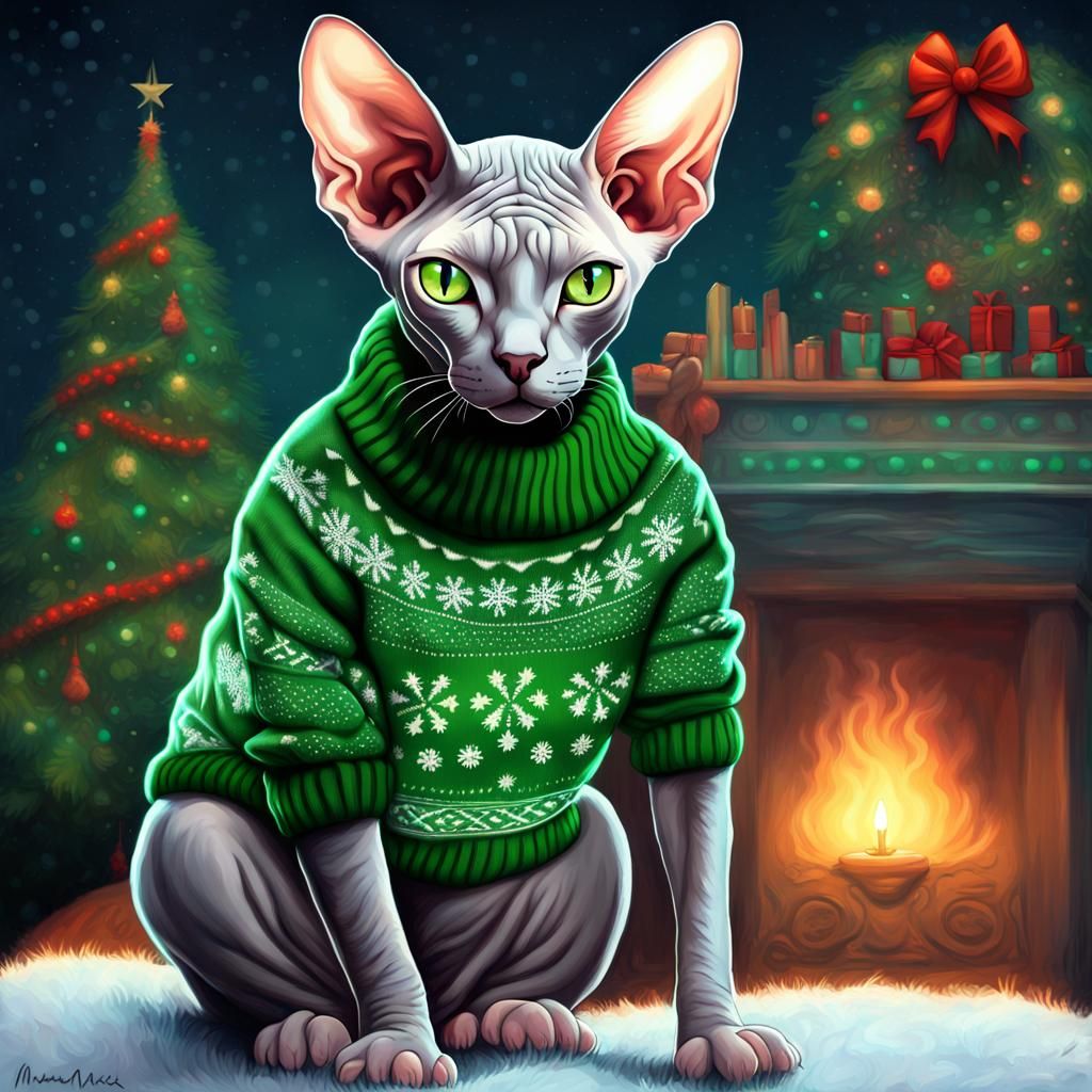 Neon Sphynx Cat in Christmas Sweater: Fantasy Art