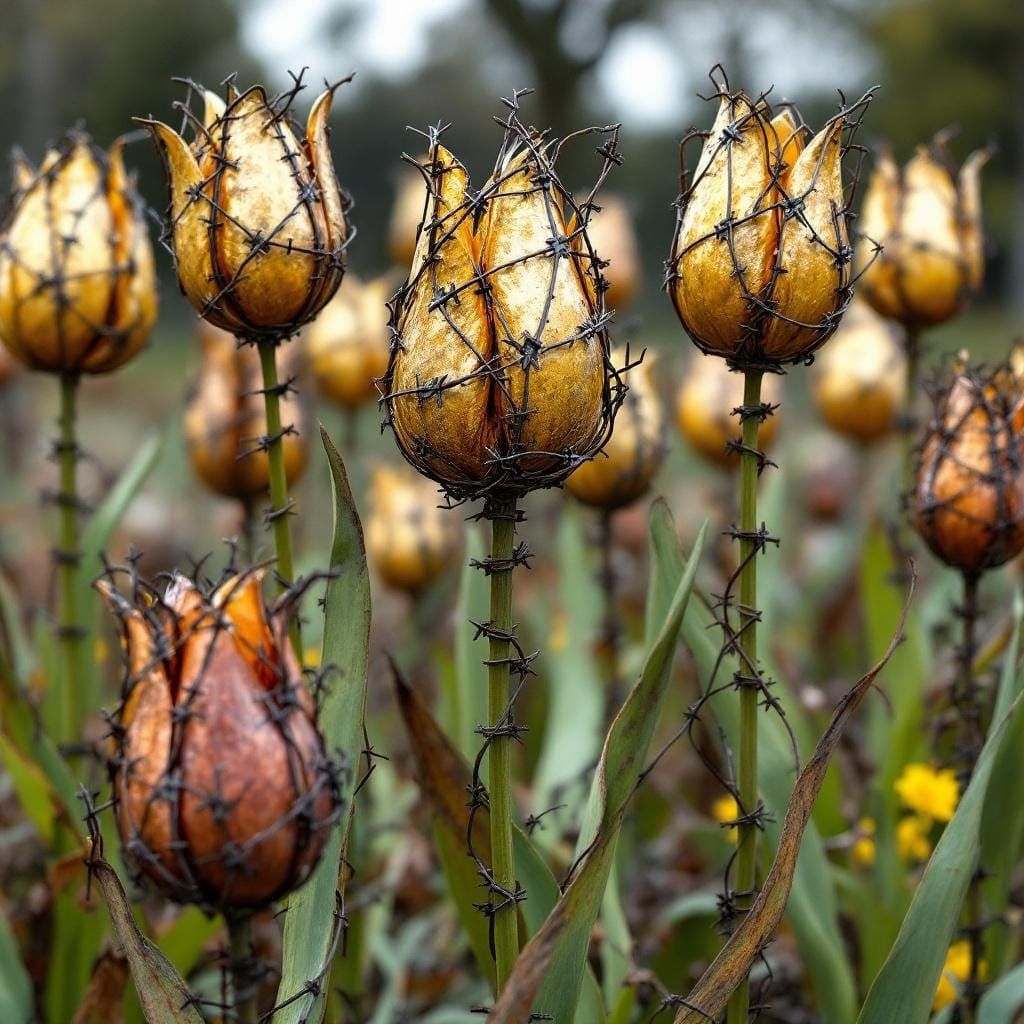 Surreal Barbed Wire Tulip Field with Filigree