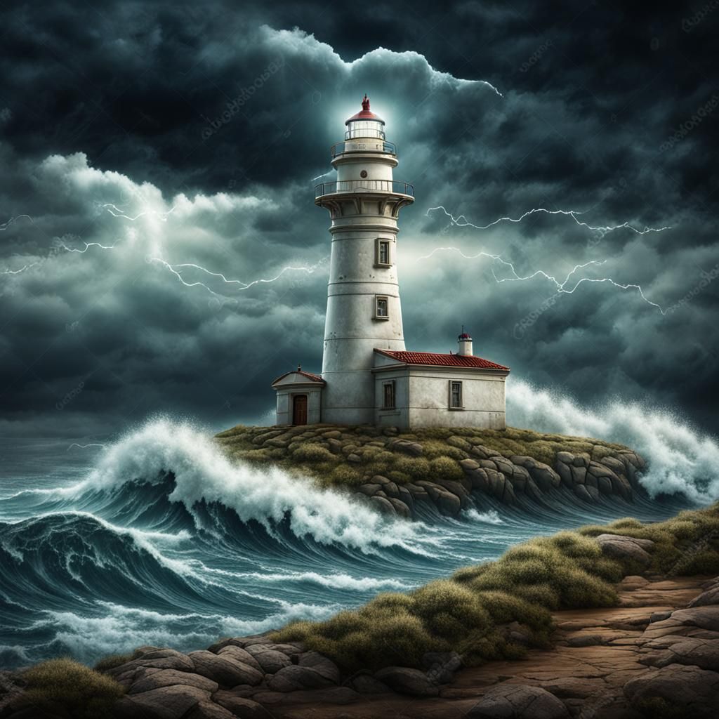 Lighthouse Enduring Storm in Qajar Art Style
